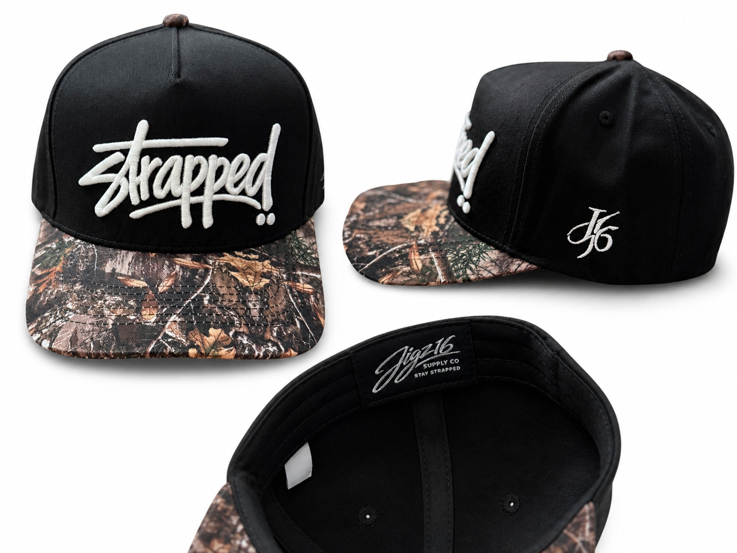 “Strapped” script camo brim snapback