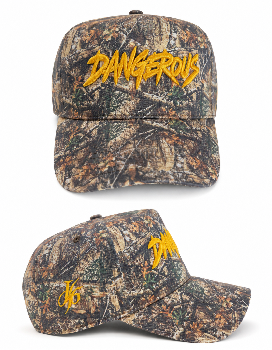 “Dangerous” Tree Camo Hat – Gold Embroidered Snapback
